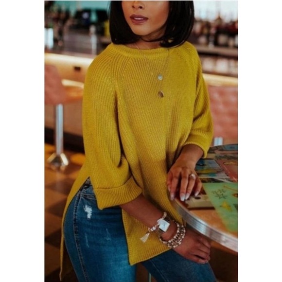Women's yellow-mustard-knit-high low hem- sweater Sz Large - Picture 6 of 6